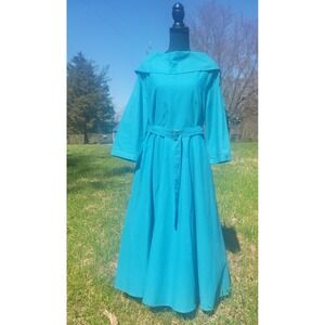 Linen Vibes Modern Vintage Dress (XL) Cyan Cotton 50's Midi A-Line Shawl Collar